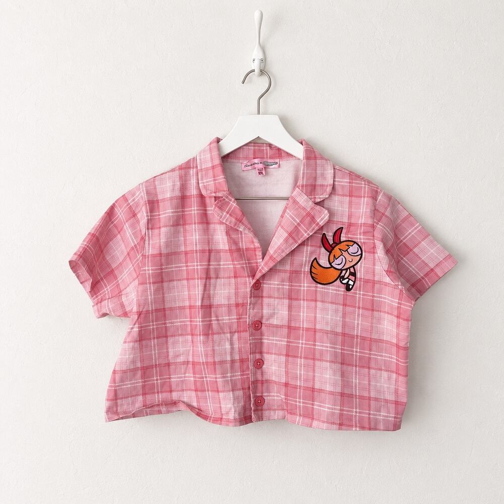Dolls Kill x Powerpuff Girls Blossom Pink Plaid Pajama Top XL Y2K Crop